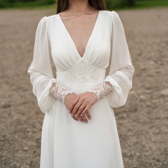 Ivory lace wedding dress, long-sleeve button back long train gown, open back - Picture 2 of 10
